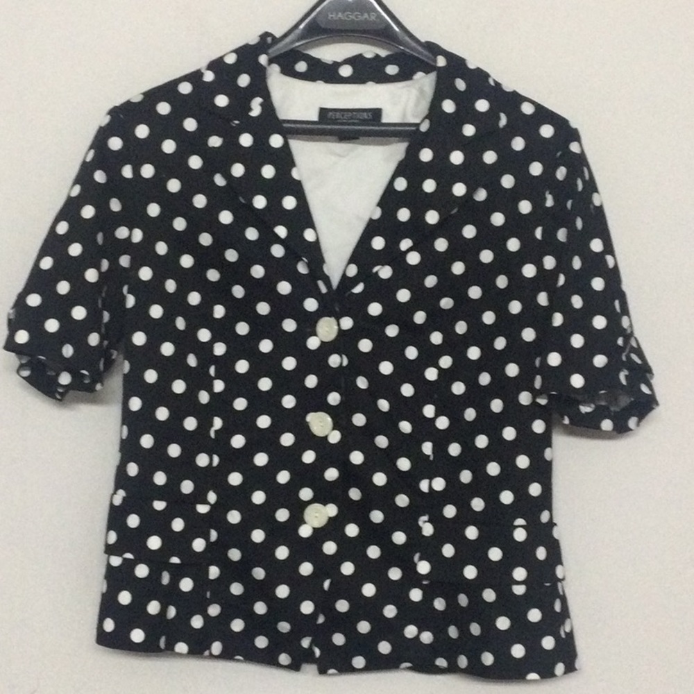🌞 Perceptions black button up blouse white polka dots short sleeves women size M